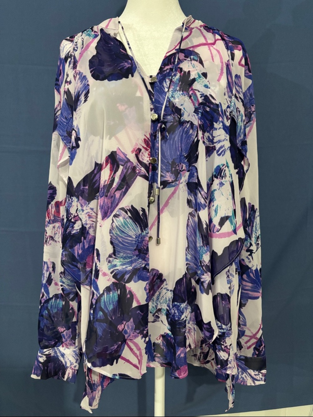 NWOT Jennifer Lopez White Sheer Blouse with Blue-Purple Floral Print